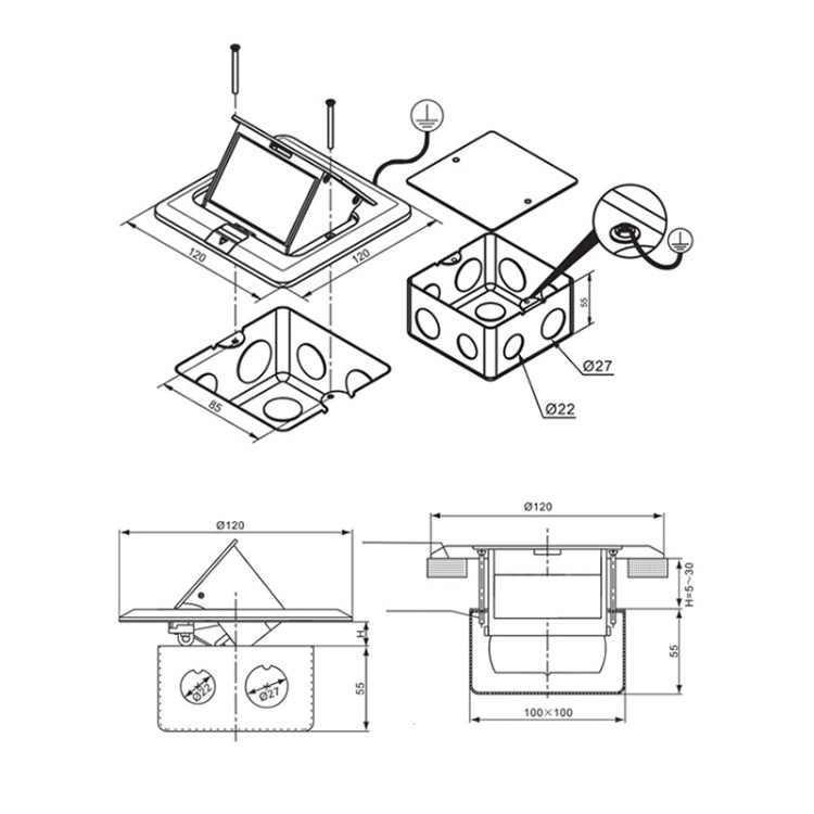 Pop-up Aluminum Alloy Hidden Computer Floor Socket with Bottom Cover Box, US Plug