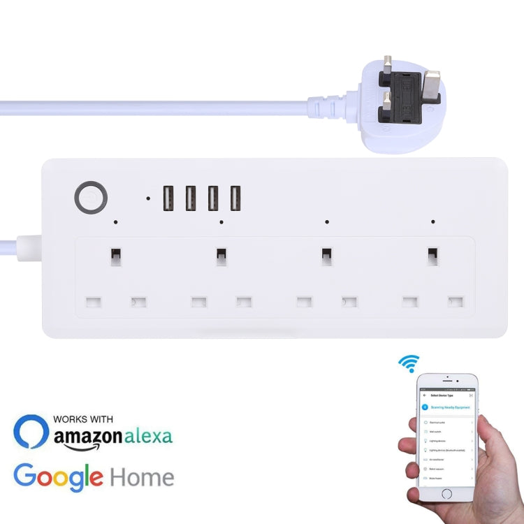 4 USB Ports + 4 UK Jack Sockets Max Output 13A WiFi Remote Control Smart Power Socket Works with Alexa and Google Home, AC 100-240V, UK Plug