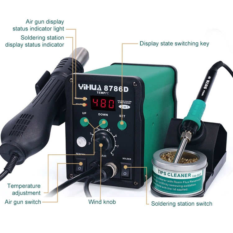 YIHUA 8786D 2 in 1 AC 220V Display LED Pistola ad aria calda a temperatura regolabile + Stazione di saldatura e Saldatore, 8786D