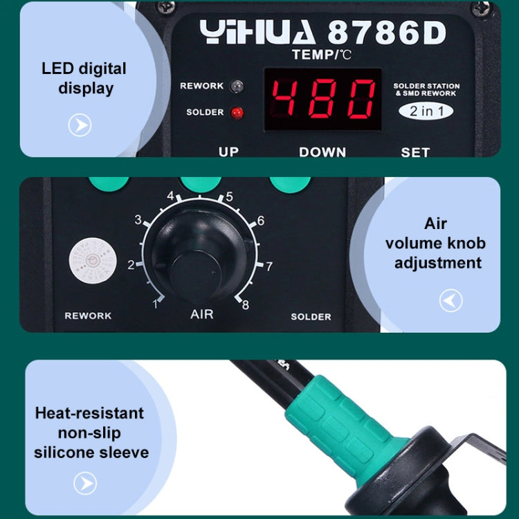 YIHUA 8786D 2 in 1 AC 220V Display LED Pistola ad aria calda a temperatura regolabile + Stazione di saldatura e Saldatore, 8786D