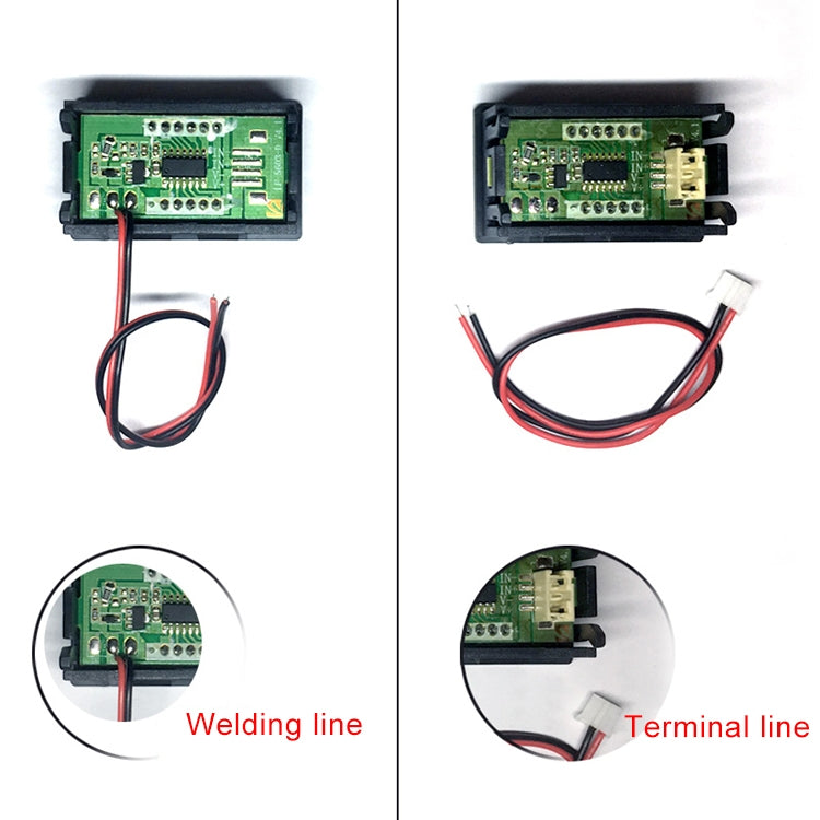 Misuratore di tensione digitale da 10 pezzi da 0,56 pollici a 2 fili terminali con guscio, display con luce a colori, tensione di misurazione: DC 4,5-30 V