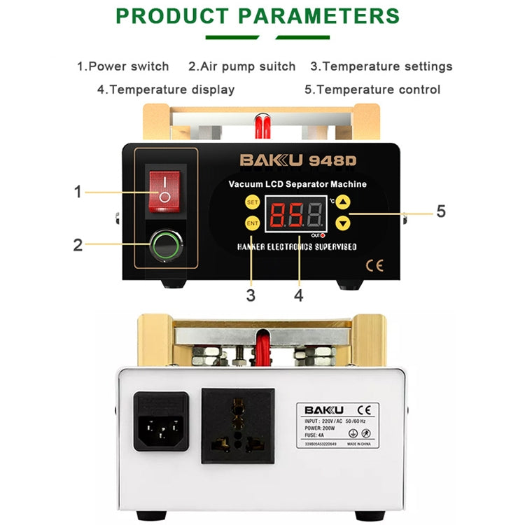 BAKU BK-948D Macchina separatore per pannello touch LCD antistatico sottovuoto da 500 W, CA 220 V, BK-948D 500W 220V EU Plug