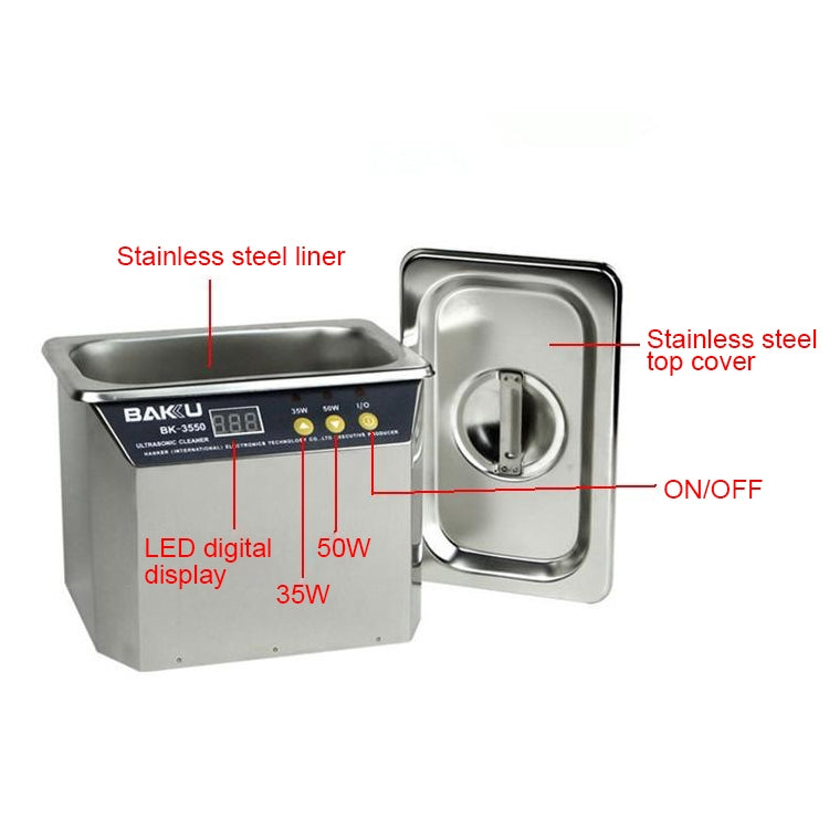 BAKU BK-3550 Pulitore a ultrasuoni con display LCD regolabile da 35 W / 50 W, 0,8 litri, CA 220 V, spina europea, BK-3550 35W / 50W 0.8L 220V