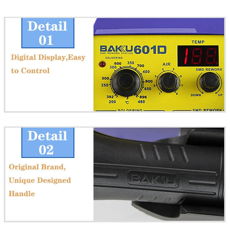 BAKU BK-601D AC 220V Display LED Stazione di saldatura per saldatore con pistola ad aria calda 2 in 1, BK-601D AC 220V
