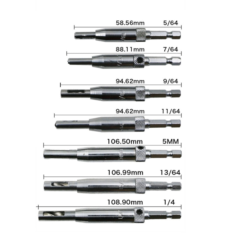 7 pz/set porte autocentranti cerniera maschiatrice set di punte per trapano perforatrice strumenti per la lavorazione del legno (5/64,7/64,9/64,11/64,13/64,1/4 pollici, 5 mm), 7 PCS/Set