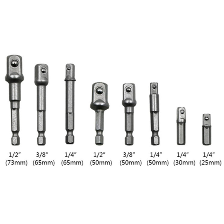 8 pezzi/set barra di prolunga per punta a bussola adattatore codolo esagonale cacciavite per dadi punta per trapano elettrico, 1/4 (65/50/30/25 mm), 3/8 (65/50 mm), 1/2 (73/50 mm), 8 PCS/Set Length:65-73mm
