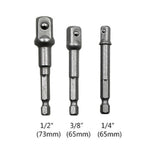 3 pezzi/set barra di prolunga per presa a bussola adattatore codolo esagonale cacciavite per dadi punta per trapano elettrico (1/4, 3/8, 1/2 pollici), lunghezza: 65-73 mm, 3 PCS/Set Length:65-73mm