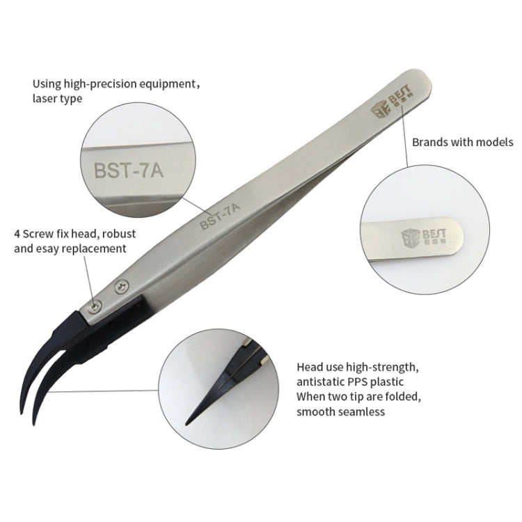 BEST BST-7A Curved Head Tweezers for Cell Phone and Computer Repair, BST-7A