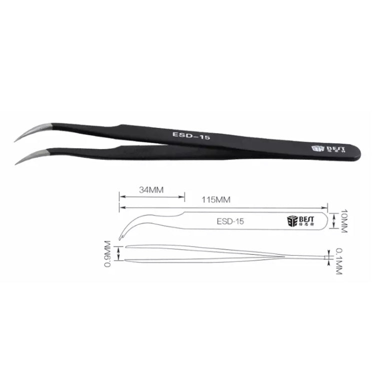 BEST ESD Stainless Steel Precision Anti-Static Tweezers BST-15, BST-15