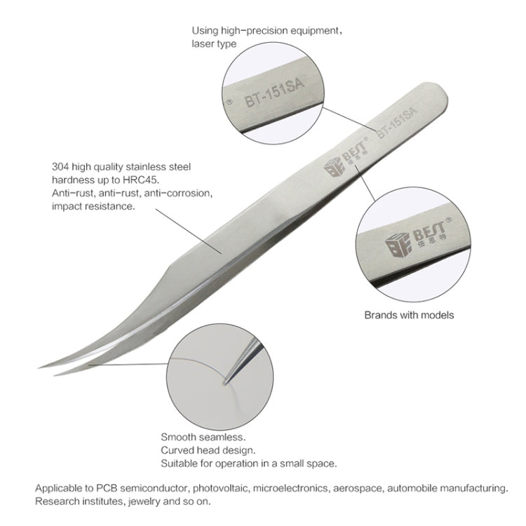 BEST BST-151SA Brushed Stainless Steel Tweezers, BST-151SA