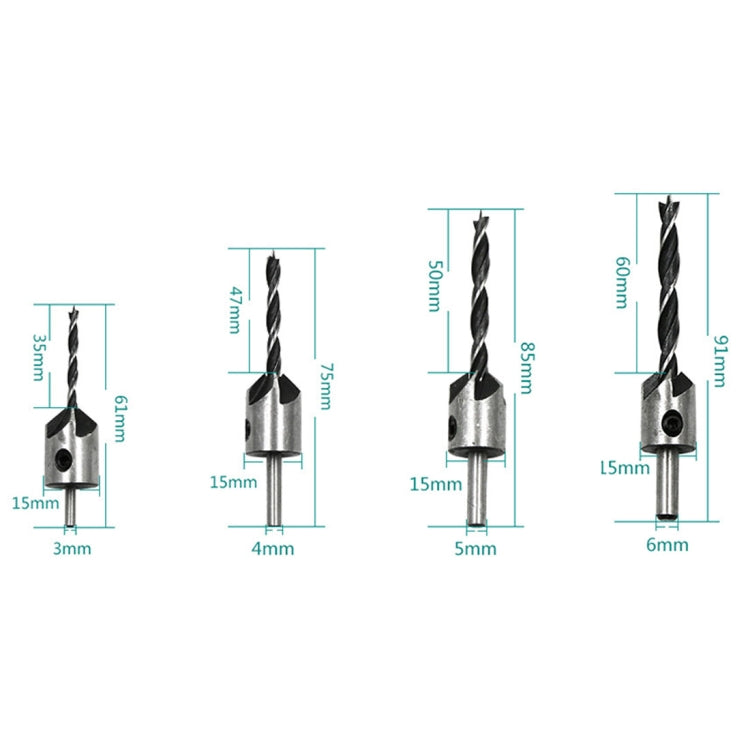 Set di punte per trapano in acciaio ad alta velocità a tre punte per svasatore per legno 4 in 1, 3-6 mm, 4 PCS/Set