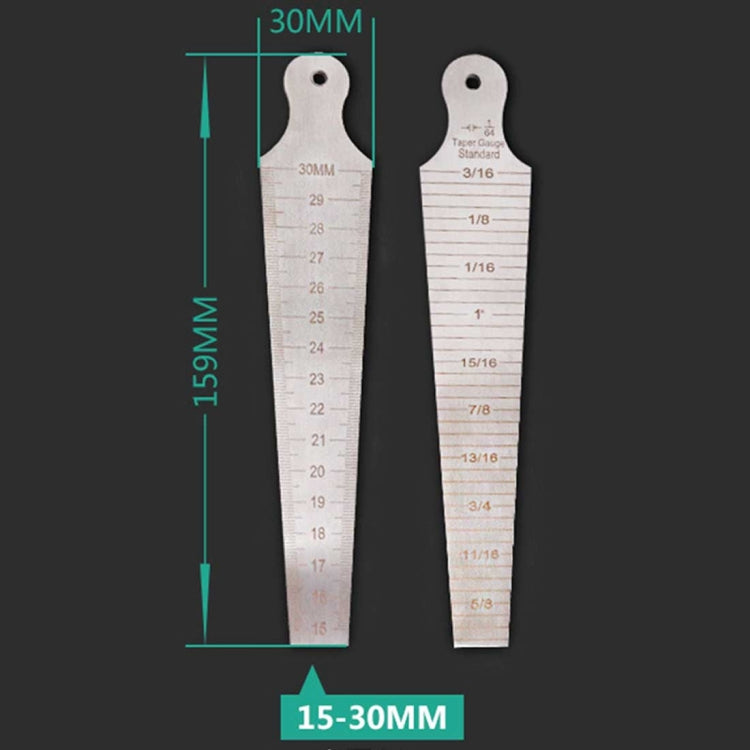 Wedge Feeler Gap 15-30mm Righello in acciaio inossidabile Ispezione Calibro conico Strumento di misura metrico imperiale, 15-30mm Metric Imperial