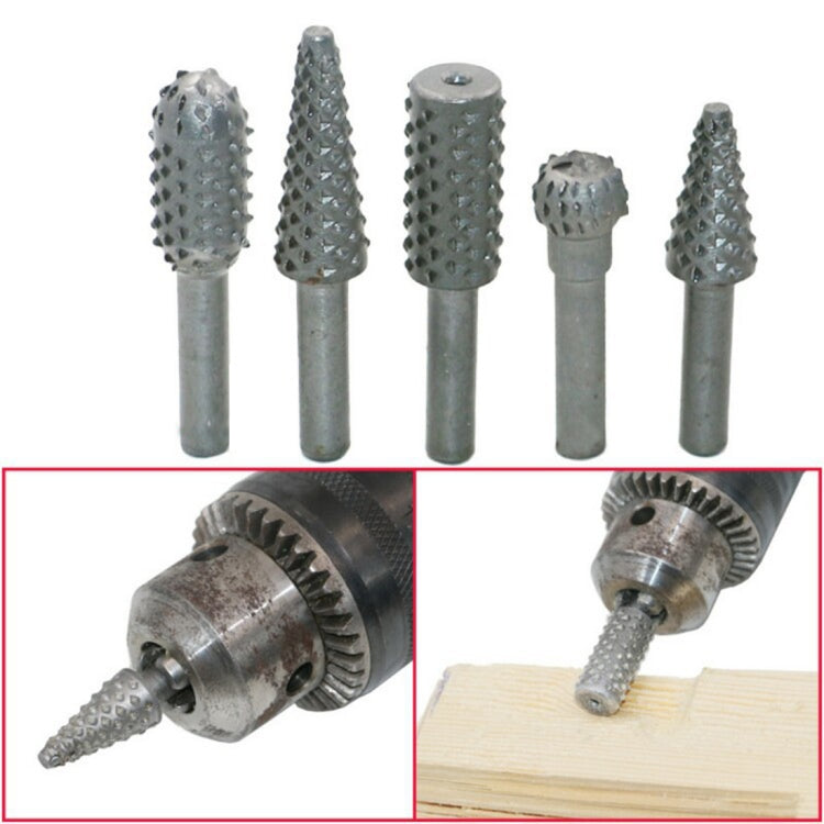 5 pezzi/set lavorazione del legno intaglio del legno gambo da 6 mm punte rotanti per molatura in rilievo con testa per raspa, 5 PCS/Set Drill Bits