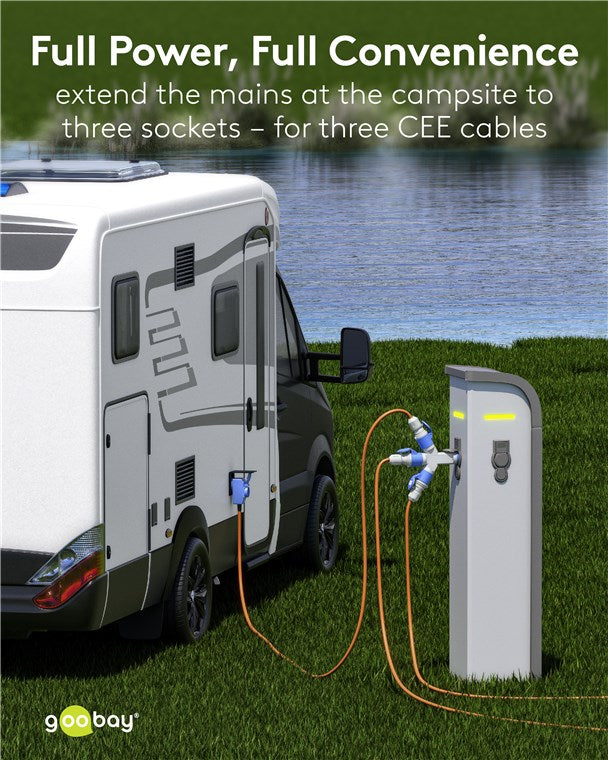 Adattatore CEE blu da campeggio con spina 16A e 3 prese CEE 230V IP44 4040849762376 76237 F1084