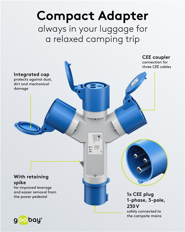 Adattatore CEE blu da campeggio con spina 16A e 3 prese CEE 230V IP44 4040849762376 76237 F1084