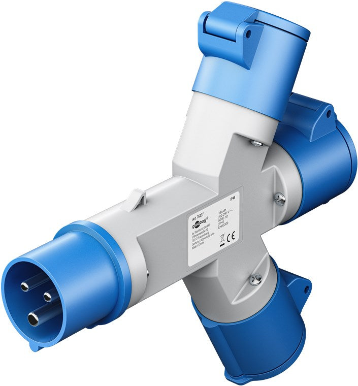 Adattatore CEE blu da campeggio con spina 16A e 3 prese CEE 230V IP44 4040849762376 76237 F1084