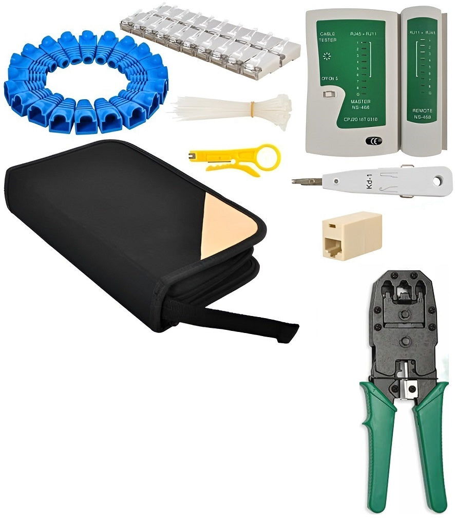 Set di strumenti di rete tester per cavi/crimpatrice/plug/copriconnettore/fascette 145 pezzi