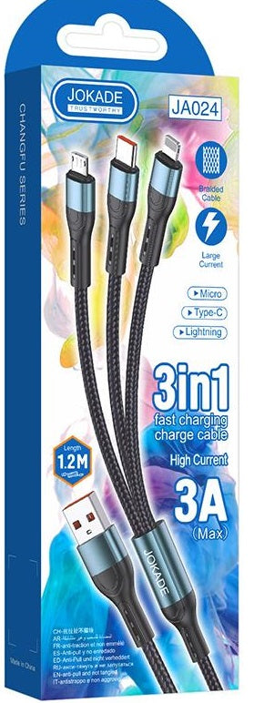 Cavo per ricarica 3in1 microUSB/Lightning/Type C 1.2m 3A JA024