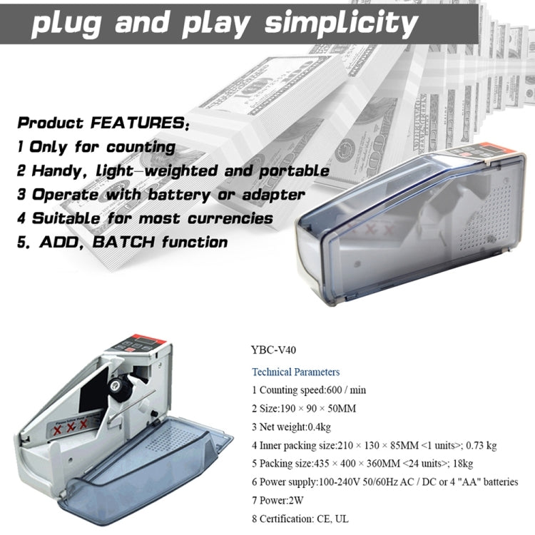 Macchina per il conteggio dei soldi portatile mini portatile V40, specifica: spina europea, EU Plug