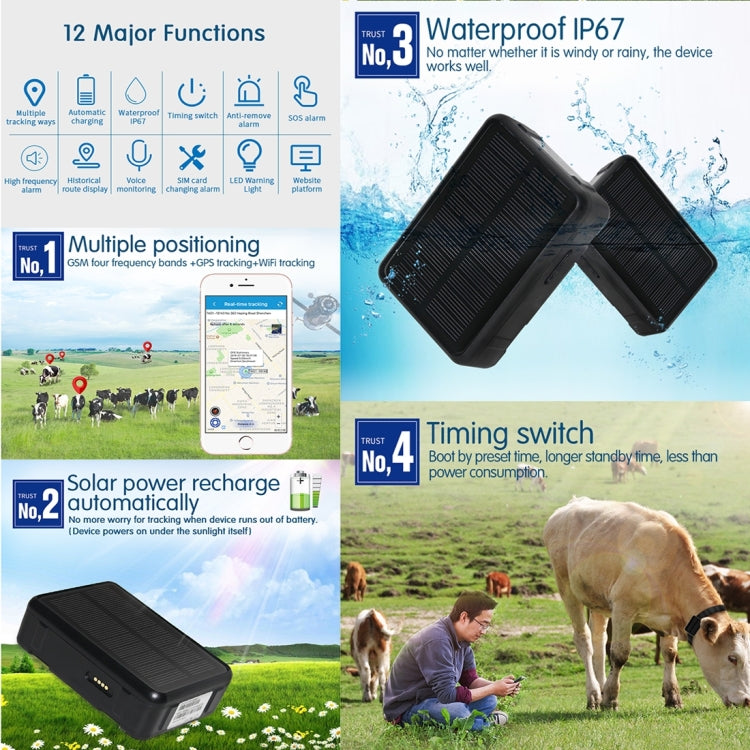 RF-V34 Ovini Mucche Bovini Bestiame IP67 Impermeabile Solar GSM GPS WiFi Tracking senza piastra inferiore fissa, supporto monitoraggio vocale e allarme anti-rimozione e SOS, GPS WiFi Tracking