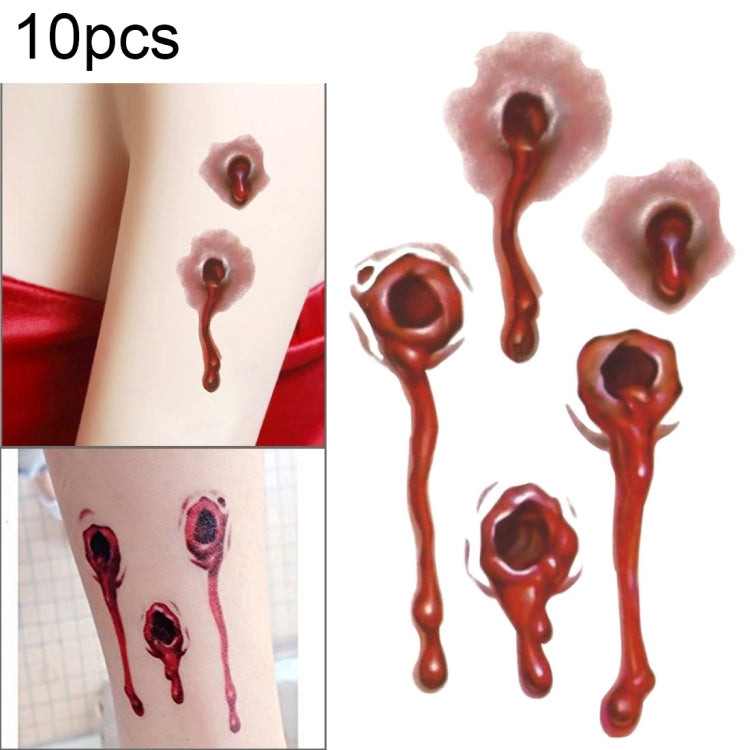 S-251 50 pezzi Adesivo per tatuaggio temporaneo con sangue realistico per ferita da proiettile di Halloween Terror, S-251/10pcs