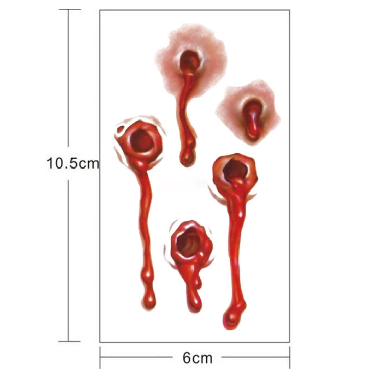 S-251 50 pezzi Adesivo per tatuaggio temporaneo con sangue realistico per ferita da proiettile di Halloween Terror, S-251/10pcs