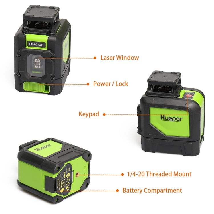 901CG Laser Level H360 Degree / V130 Degree Wall and Floor Coverage 5-Line Green Beam IP54 Water/Dust Resistant