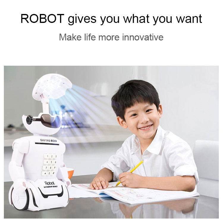 Salvadanaio robot con codice e luce blu per bambini