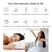 Sveglia musicale digitale LED a grande schermo multifunzionale con display di ora/settimana/temperatura/calendario e telecomando, DC 5V, Music Alarm Clock