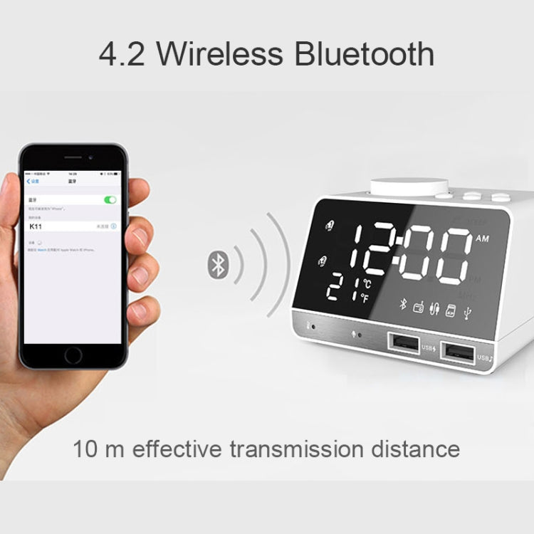 K11 Altoparlante sveglia Bluetooth Orologio musicale digitale creativo Display Radio con doppia interfaccia USB, supporto disco U / scheda TF / FM / AUX, spina UK, UK Plug(Black), UK Plug(White)