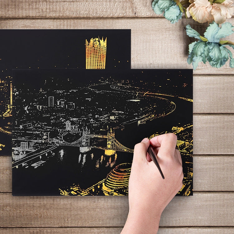 Città luminosa Disegno fai-da-te Immagine Pittura murale Gratta e vinci Golden Night View Paint Arts Paper Dipinto a mano Decorazione domestica Regali creativi fatti a mano, Dimensioni: 41 * 28,7 cm, Panorama London, Panorama Paris, Dubai