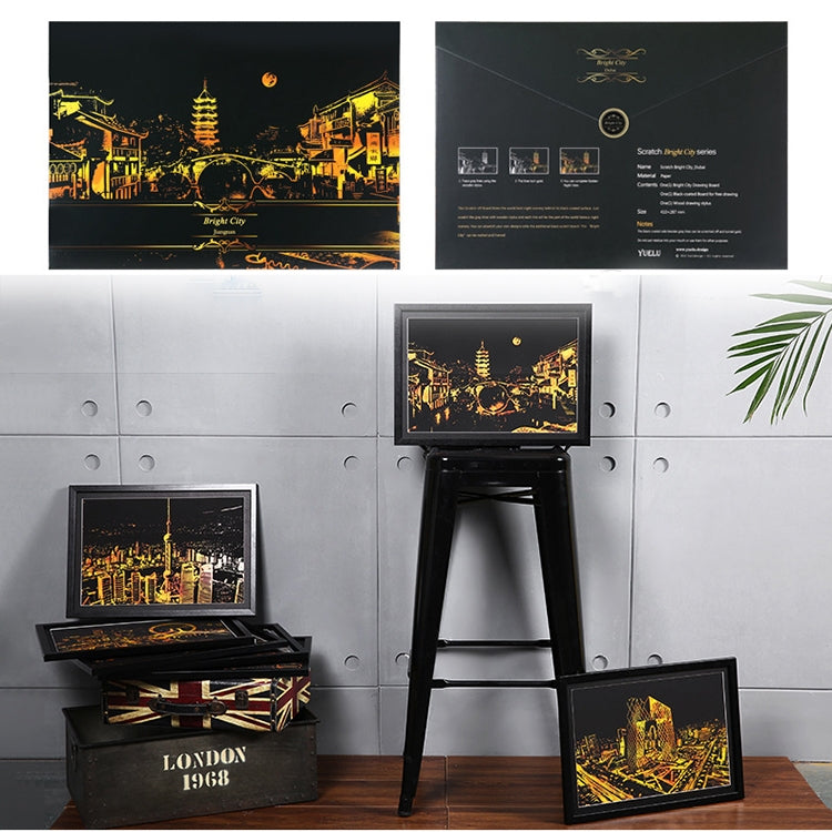 Città luminosa Disegno fai-da-te Immagine Pittura murale Gratta e vinci Golden Night View Paint Arts Paper Dipinto a mano Decorazione domestica Regali creativi fatti a mano, Dimensioni: 41 * 28,7 cm, Panorama London, Panorama Paris, Dubai