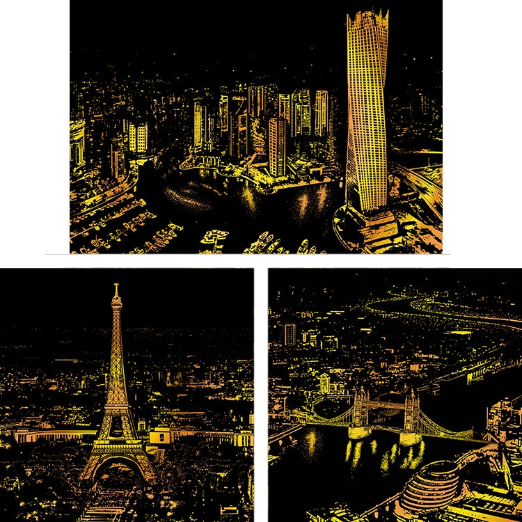 Città luminosa Disegno fai-da-te Immagine Pittura murale Gratta e vinci Golden Night View Paint Arts Paper Dipinto a mano Decorazione domestica Regali creativi fatti a mano, Dimensioni: 41 * 28,7 cm, Panorama London, Panorama Paris, Dubai