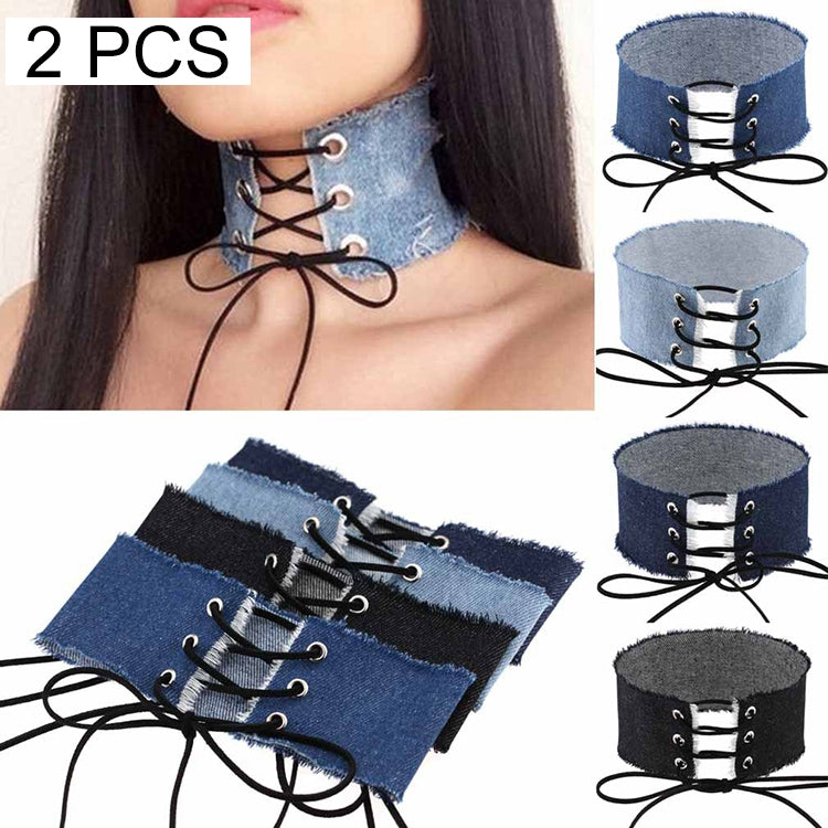 Set 2 pezzi cravatta con fiocco e collana in tessuto denim