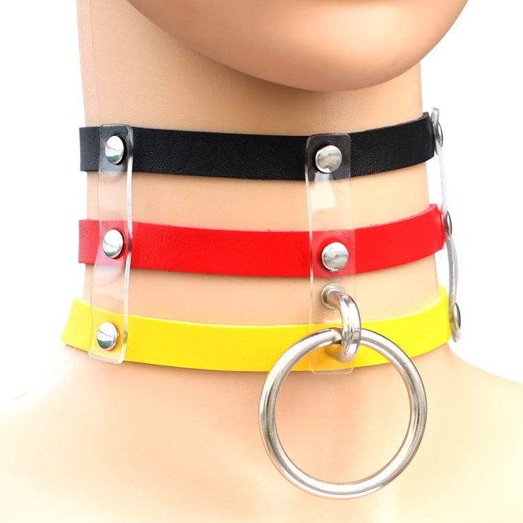 Collana con colletto in pelle con gabbia a 3 file a mano con rivetti gotici punk alla moda Harajuku, (Brown), 黑+红+黄, (Red+Dark Blue+Red), DHXQ, (Red), Pink, (Silver), (Green), (Red+Yellow+Red), (White+Dark Blue+Red), (Baby Blue), (Gold)