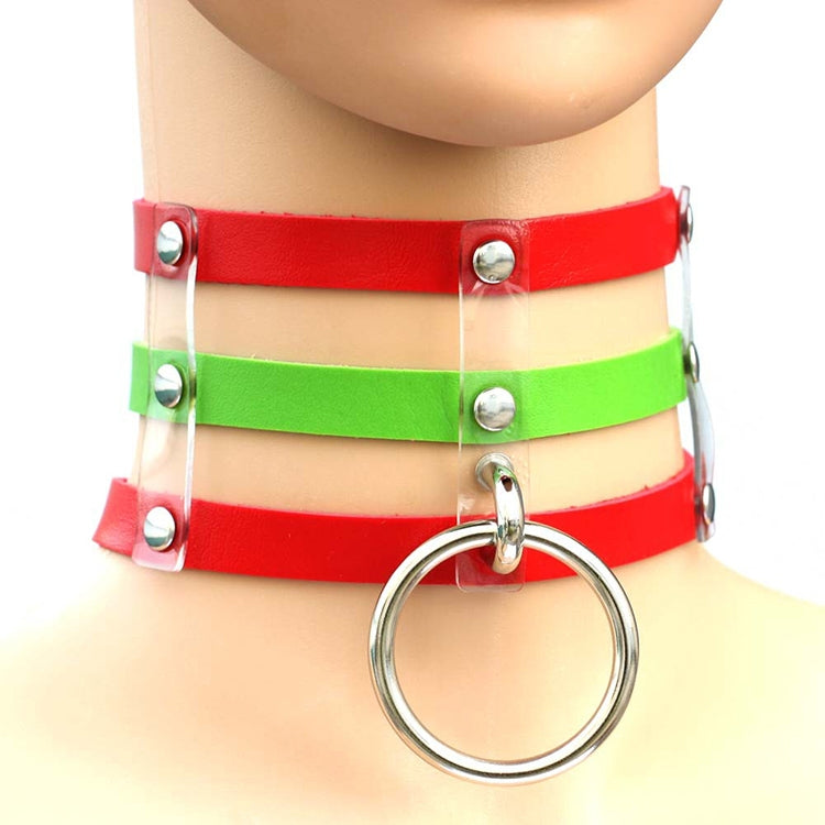 Collana con colletto in pelle con gabbia a 3 file a mano con rivetti gotici punk alla moda Harajuku, (Brown), 黑+红+黄, (Red+Dark Blue+Red), DHXQ, (Red), Pink, (Silver), (Green), (Red+Yellow+Red), (White+Dark Blue+Red), (Baby Blue), (Gold)