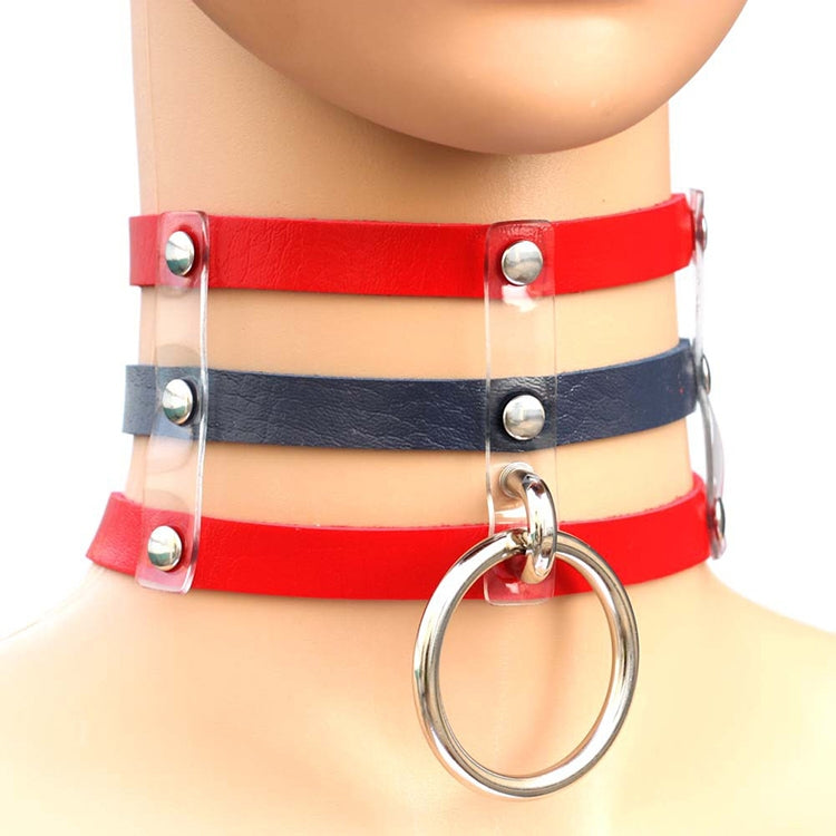 Collana con colletto in pelle con gabbia a 3 file a mano con rivetti gotici punk alla moda Harajuku, (Brown), 黑+红+黄, (Red+Dark Blue+Red), DHXQ, (Red), Pink, (Silver), (Green), (Red+Yellow+Red), (White+Dark Blue+Red), (Baby Blue), (Gold)