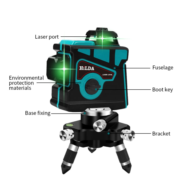 Hilda LS055 Laser Level 12 Lines 3D Self-Leveling 360 Cross Horizontal Vertical Green Beam