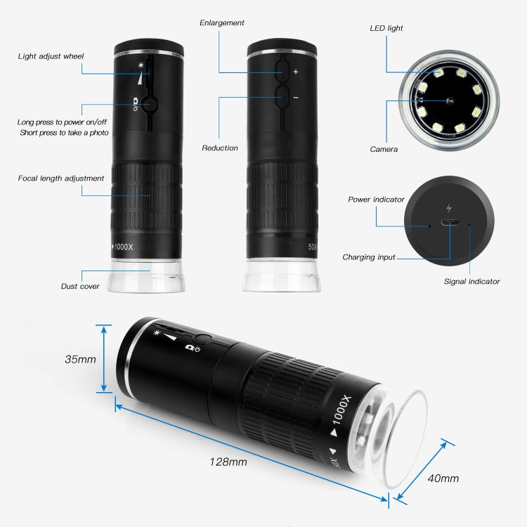 Microscopio digitale con ingrandimento 1000X F210 HD 1080P WIFI con 8 luci LED, F210 Silver