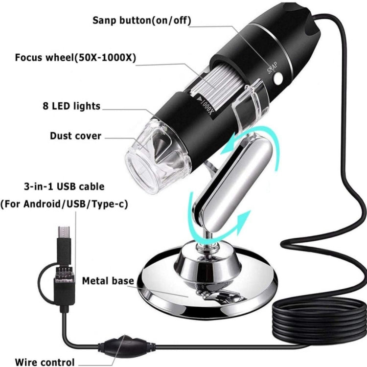 Sensore di immagine HD con lente d'ingrandimento 1600X Microscopio digitale USB 3 in 1 con 8 LED e supporto professionale