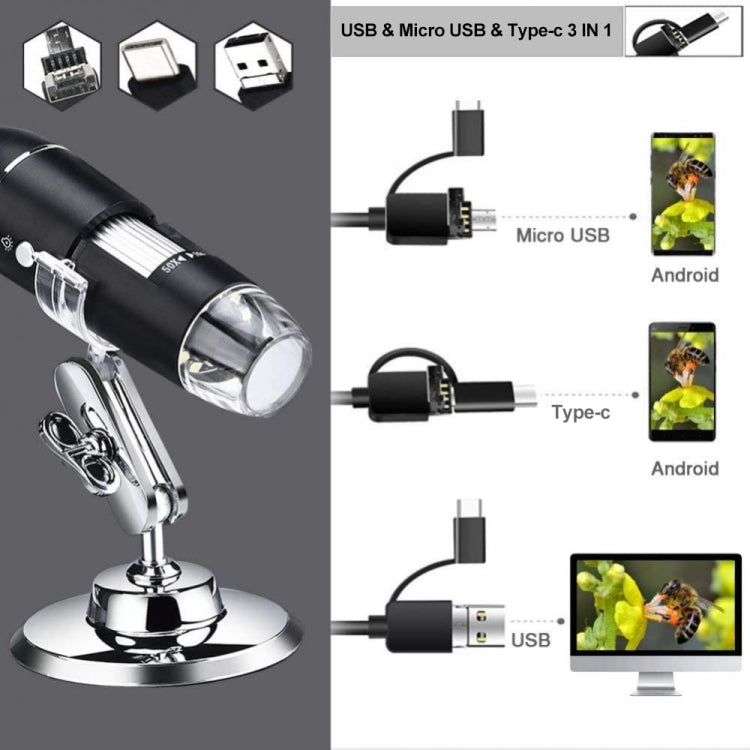 Sensore di immagine HD con lente d'ingrandimento 1600X Microscopio digitale USB 3 in 1 con 8 LED e supporto professionale