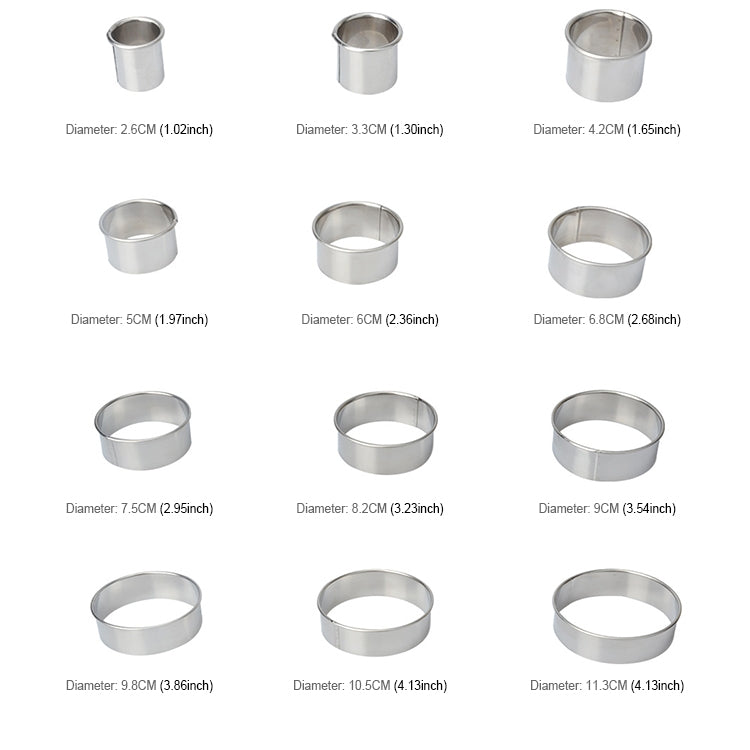 12 pezzi/set strumenti per la cottura di ciambelle e mousse per stampi da taglio a forma rotonda in acciaio inossidabile, Round Shape(12 PCS / Set)