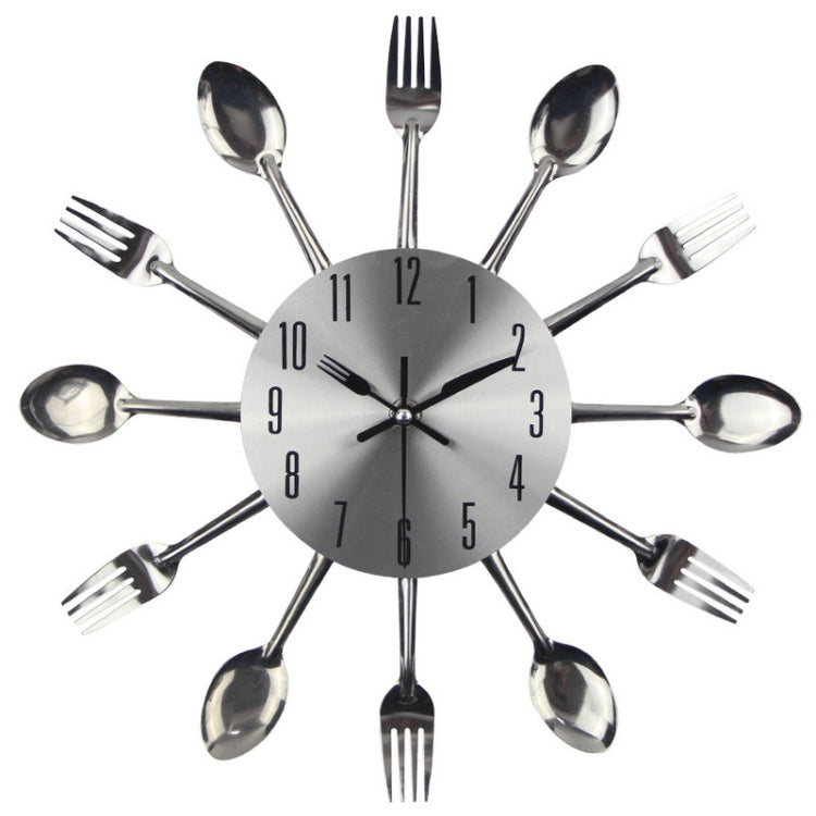Posate Orologio da parete da cucina in metallo Cucchiaio Forchetta Orologi da parete creativi al quarzo Design moderno Orologio decorativo, Argento, Silver