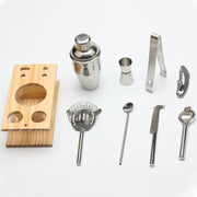 Set di strumenti per shaker per cocktail 9 in 1 in acciaio inossidabile con supporto in legno, capacità: 550 ml, 550ml