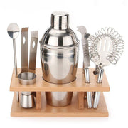 Set di strumenti per shaker per cocktail 9 in 1 in acciaio inossidabile con supporto in legno, capacità: 750 ml, 750ml
