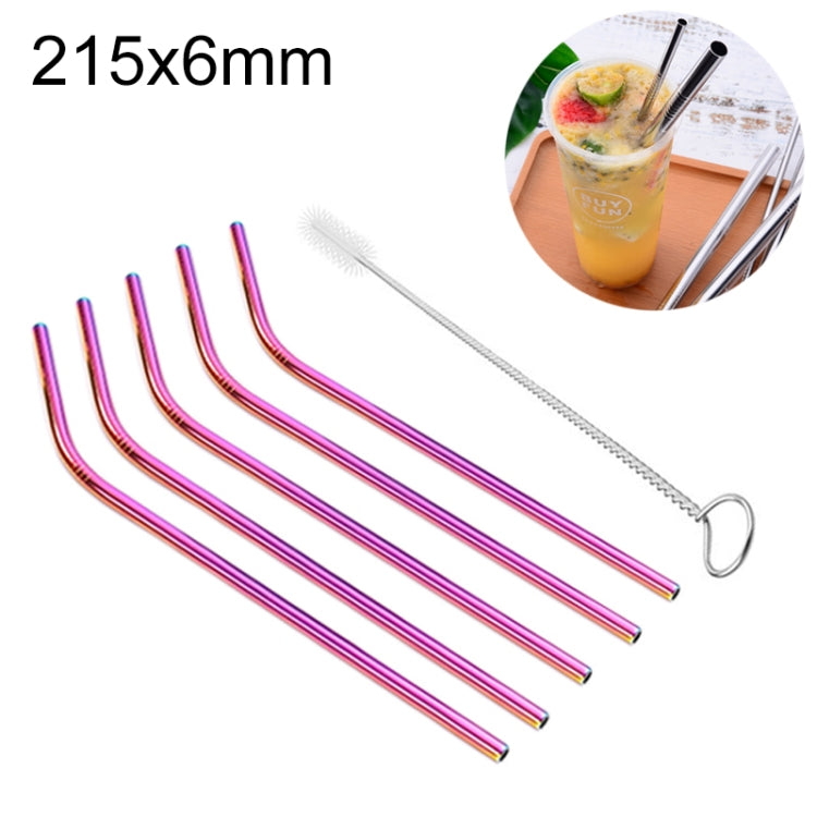 Kit di cannucce piegate riutilizzabili in acciaio inossidabile da 5 pezzi + kit di spazzole per la pulizia, 215 * 6 mm, 215*6mm (Bent)