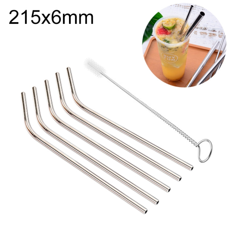 Kit di cannucce piegate riutilizzabili in acciaio inossidabile da 5 pezzi + kit di spazzole per la pulizia, 215 * 6 mm, 215*6mm (Bent)