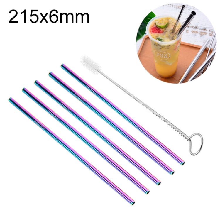 Kit di cannucce dritte riutilizzabili in acciaio inossidabile da 5 pezzi + kit di spazzole per la pulizia, 215 * 6 mm, 215*6mm (Straight)