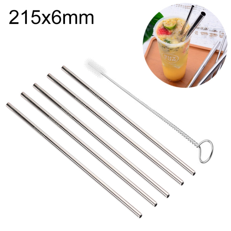 Kit di cannucce dritte riutilizzabili in acciaio inossidabile da 5 pezzi + kit di spazzole per la pulizia, 215 * 6 mm, 215*6mm (Straight)