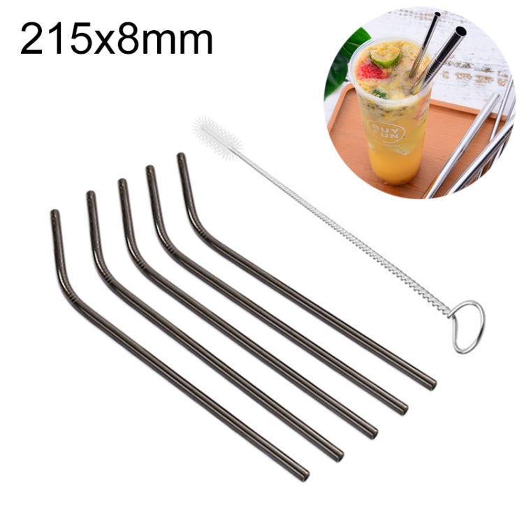 Kit di cannucce piegate riutilizzabili in acciaio inossidabile da 5 pezzi + kit di spazzole per la pulizia, 215 * 8 mm, 215*8mm (Bent)